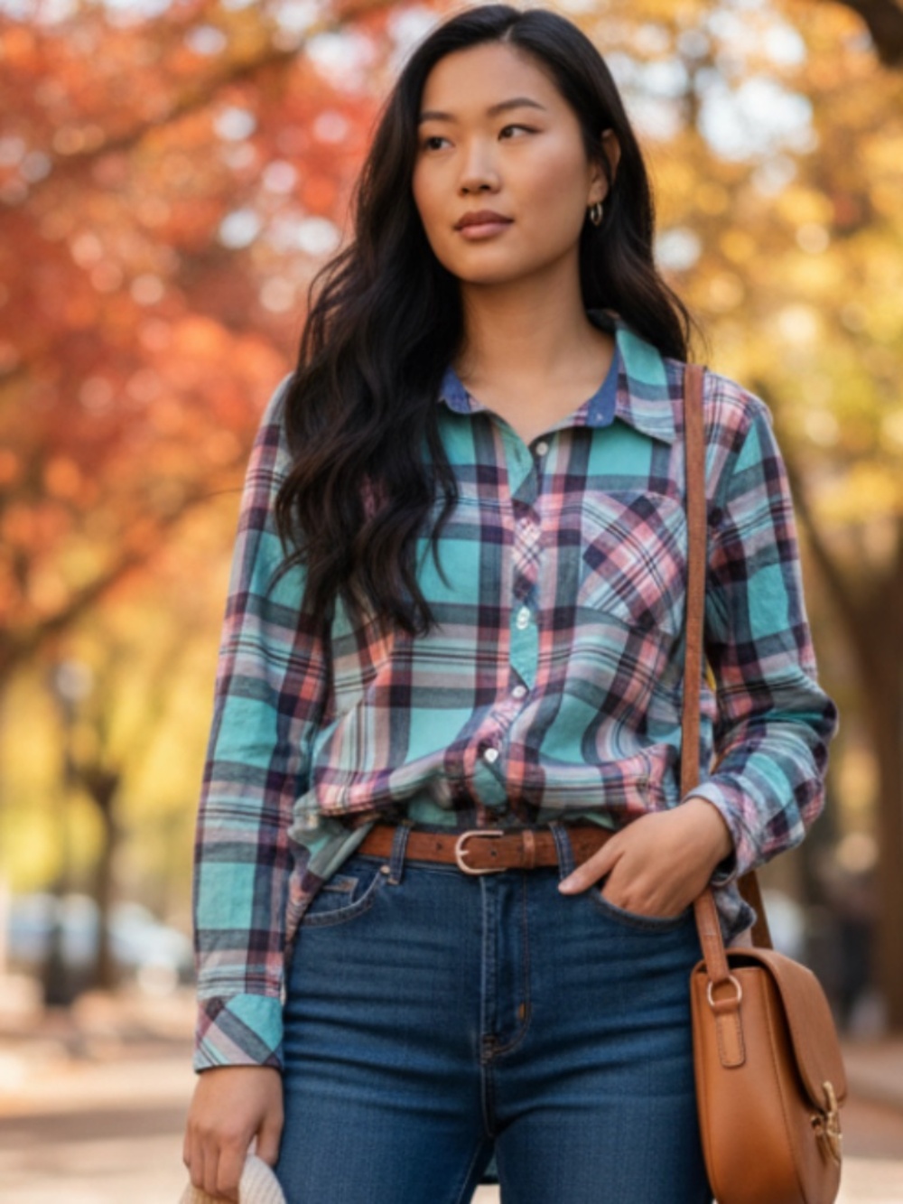 Talbots 1X 16 18 Top Shirt Button Down Blouse Plaid Teal Pink Long Slv.